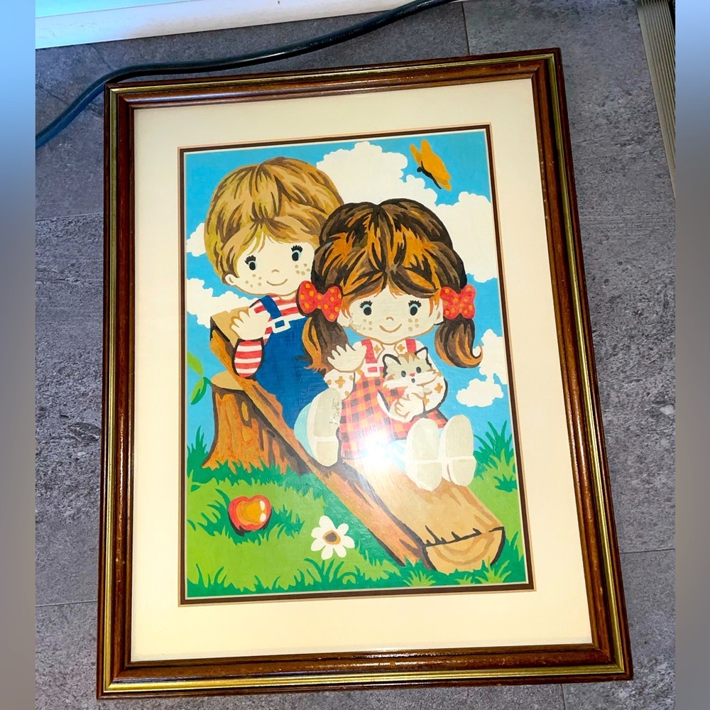 Vintage complete large paint by number girl boy matted framed 70s decor panting